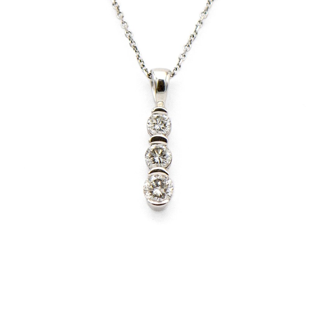 14k White Gold Three Stone Diamond Pendant